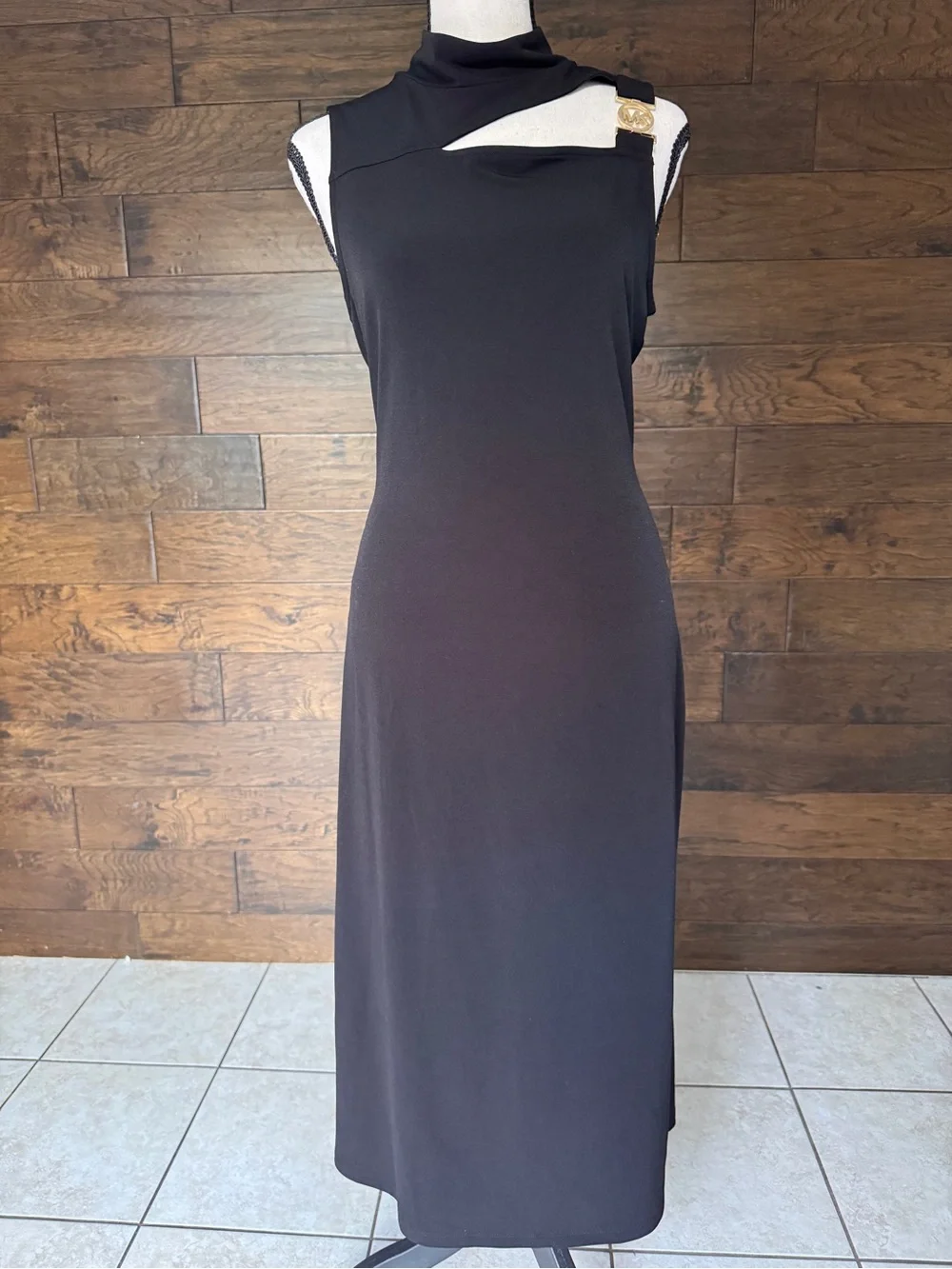 Michael Kors Black Sleeveless Maxi Dress with Gold-Tone Accent